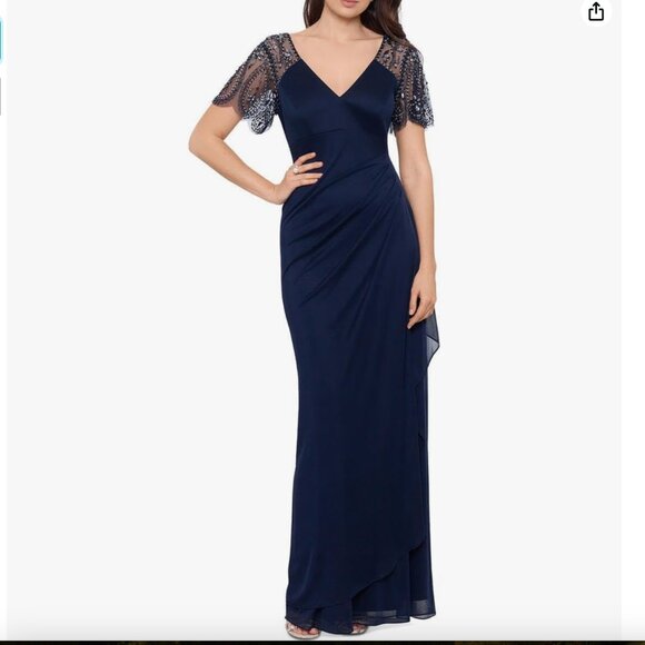 Xscape Dresses & Skirts - XSCAPE Lana V-Neck Beaded Flutter Sleeve Navy Gown NWT